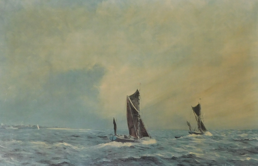 After W.F. Burton. Out of Harwich, gilt framed coloured print on canvas, 47cm x 73cm.