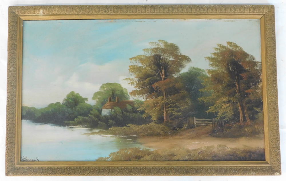 William Henry Haines (1812-1884). River landscape with cottage, oil on board, signed, 37cm x 62cm. - Image 2 of 4