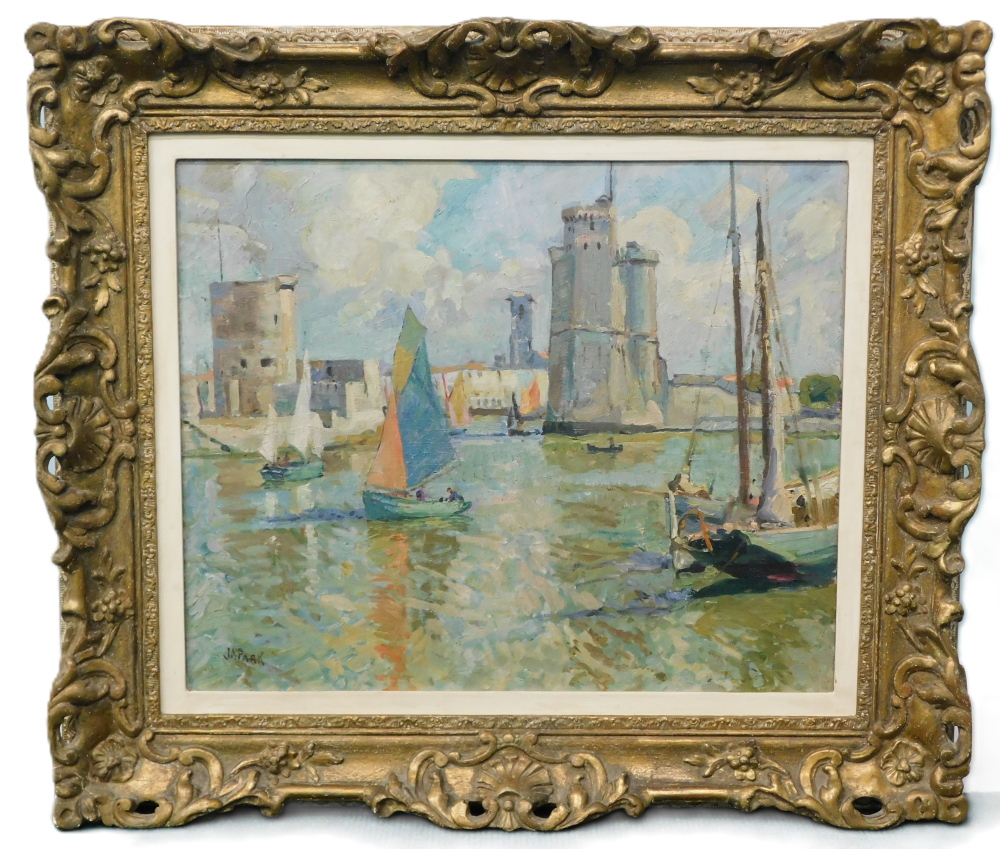 John Anthony Park (1880-1962). Harbour scene with sailing boats, oil on canvas, signed, 44cm x 54.5c - Image 2 of 4