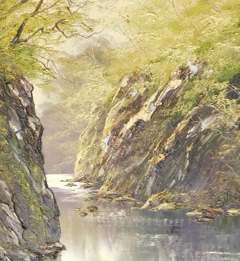 20thC School. River landscape, oil on canvas, 76cm x 60cm.