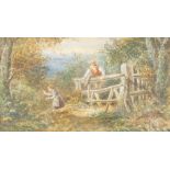 Manner of Myles Birket Foster. Children jumping stile, watercolour, 16.5cm x 29cm.