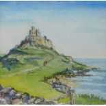 Judith Currie. Looking to the mainland from Lindisfarne, watercolour, 10cm x 10cm.