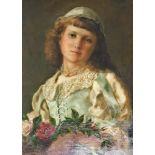 19thC School. Young maiden with posy of flowers, oil on canvas, 50cm x 37cm.