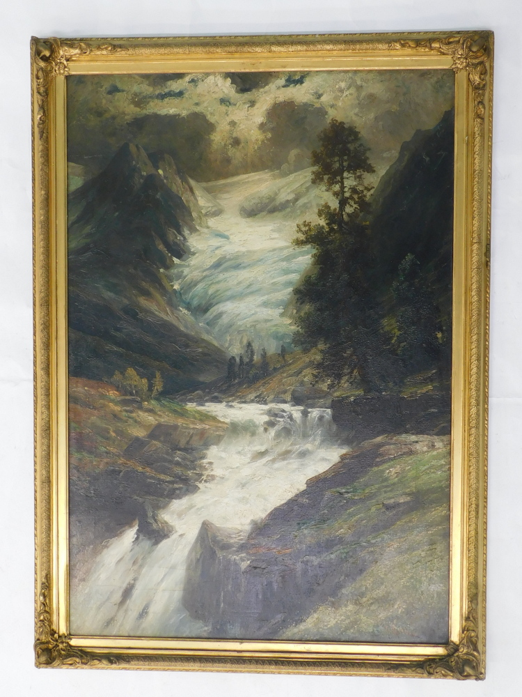 19thC/20thC Continental School. Waterfall, oil on board, 96cm x 65cm. - Image 2 of 4