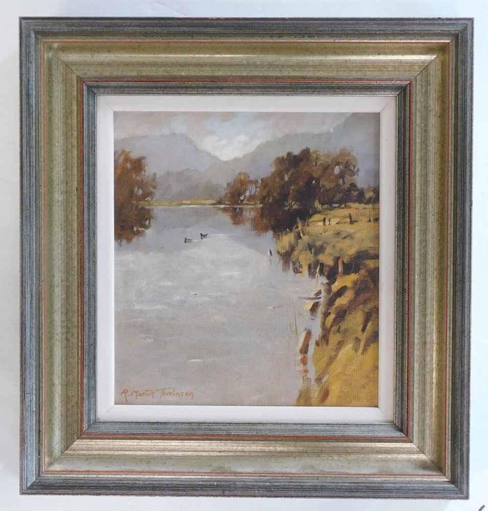 R. Martin Tomlinson (b.1945). River Bethany in flood (Near Waterhead), oil on board, signed, 21cm x - Image 2 of 5