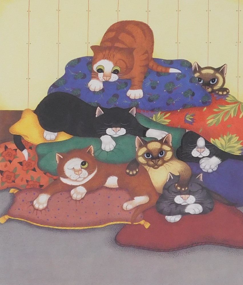 Linda Jane Smith (b.1962). Kittens and Cushions, artist signed, titled limited edition coloured prin