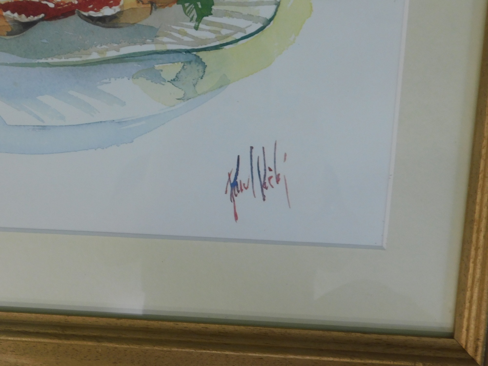 John Wick. Still life with crab, fruit, vase of flowers, etc., coloured print, 50cm x 64cm. - Image 3 of 4