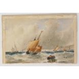 Thomas Bush Hardy (1842-1897). Masted ships, coastal scene, watercolour, unsigned, 12cm x 17.5cm.