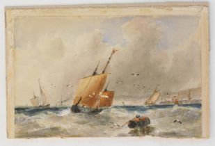 Thomas Bush Hardy (1842-1897). Masted ships, coastal scene, watercolour, unsigned, 12cm x 17.5cm.