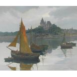 Marie Conlon Serra (1888-1975). River landscape with fishing boats, oil on canvas, signed, 59cm x 71