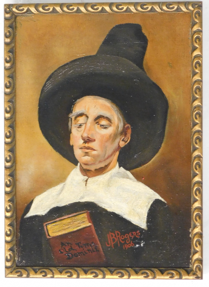 J.B. Rogers. An Old Time Dominie, oil on canvas, signed and dated 1900, 25cm x 17cm. Label verso Pa - Image 2 of 4