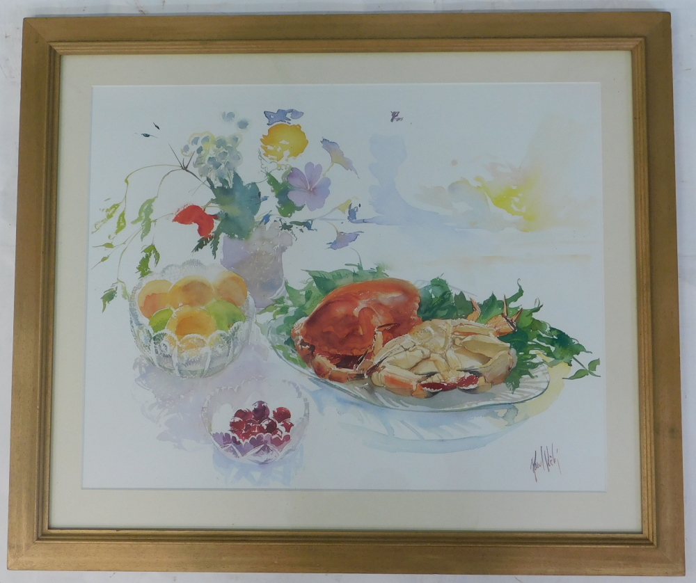 John Wick. Still life with crab, fruit, vase of flowers, etc., coloured print, 50cm x 64cm. - Image 2 of 4