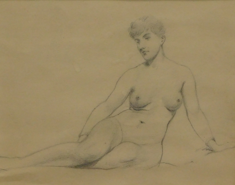 19thC School. Nude study, pencil drawing, 18cm x 23cm. Label verso The Little Gallery Westminster.