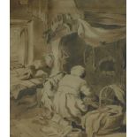 After Cornelis Pietersz Bega. Interior scene, ink drawing, signed, 16.5cm x 14cm.