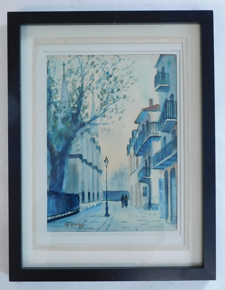 Nester Fruge (1916-2011). Town scene with figures, watercolour, signed, 28cm x 21cm. - Image 2 of 5