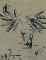 John Banting (1902-1972). Leaves on glass, ink drawing, titled and dated 1956 verso, 24.5cm x 19cm.