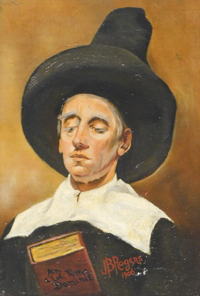 J.B. Rogers. An Old Time Dominie, oil on canvas, signed and dated 1900, 25cm x 17cm. Label verso Pa