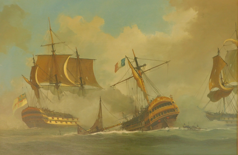 20thC Continental School. Man O' War ships - End of the Battle, oil on canvas, 59cm x 90cm.