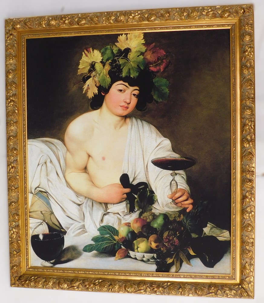 After Caravaggio. Young Bacchus with fruit and a glass of wine, coloured print, 113cm x 97cm.