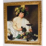 After Caravaggio. Young Bacchus with fruit and a glass of wine, coloured print, 113cm x 97cm.