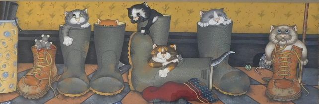 Linda Jane Smith (b.1962). Tiger feet cats and mice playing in Wellington boots, watercolour, initia