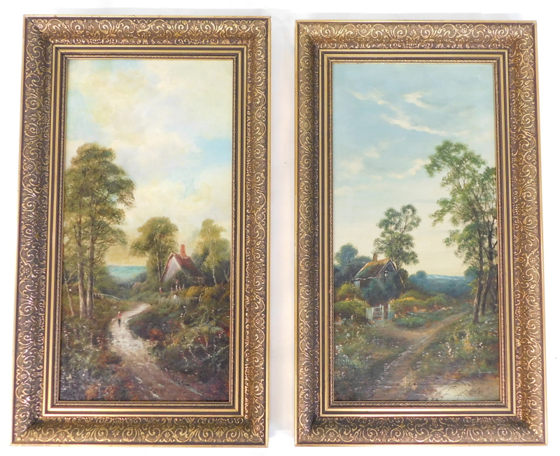 E. Coleson (19thC). Woodland landscape with cottages, oil on canvas - pair, 59cm x 29cm.