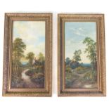 E. Coleson (19thC). Woodland landscape with cottages, oil on canvas - pair, 59cm x 29cm.