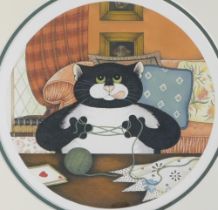 Linda Jane Smith (b.1962). Black and White Cat with Cat's Cradle, watercolour, initialled, 23cm x 23