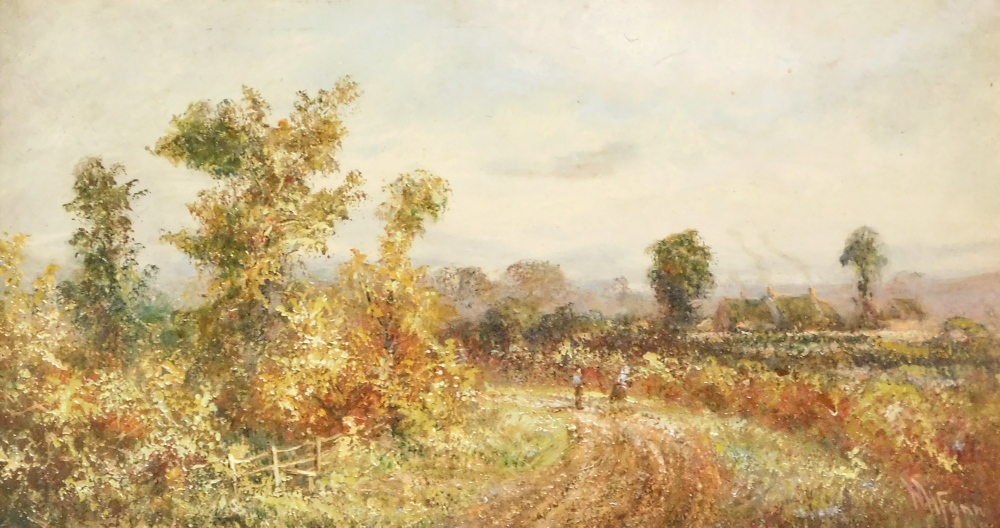 W.H. Fann (19thC). Country track with figures, oil on board, signed and dated 1909, 12cm x 22cm.