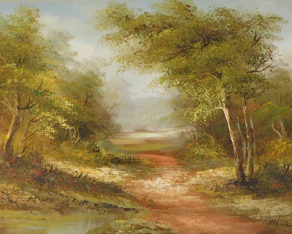 R Hansen (20thC). Woodland landscape with pond, oil on canvas, 39cm x 49cm.