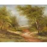 R Hansen (20thC). Woodland landscape with pond, oil on canvas, 39cm x 49cm.