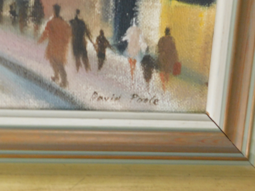 David Poole (1936-1995). Figures in street scene, oil on board, signed, 41cm x 59cm. - Image 3 of 4