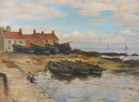 James Elliott Shearer (1858-c.1940). Coastal scene with rowing boats, oil on canvas, signed, 29cm x