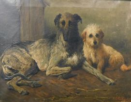 John Emms (1843-1912). Irish Wolfhound and Terrier, oil on canvas, signed, 35cm x 45cm.