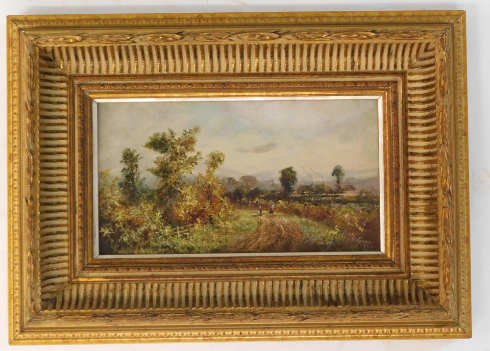 W.H. Fann (19thC). Country track with figures, oil on board, signed and dated 1909, 12cm x 22cm. - Image 2 of 5