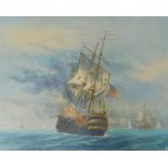 F. Wells (20thC). Mast ship under fire, oil on canvas, signed, 43cm x 53.5cm.