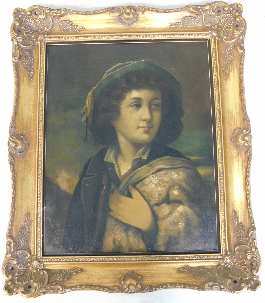 V. Sidoli. A young shepherd, oil on canvas laid on board, signed, 48cm x 38cm. - Image 2 of 5