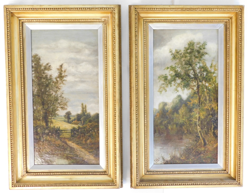 E. Coleson (19thC). Woodland landscape, oil on canvas - pair, signed, 59.5cm x 29cm.