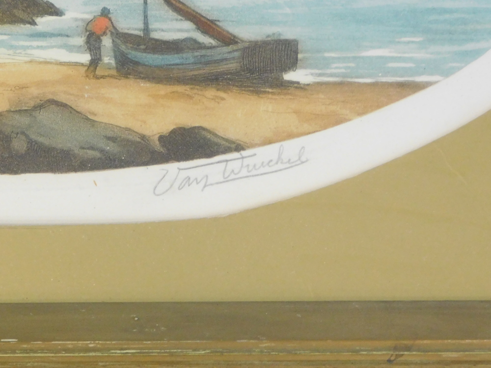 Van Winchel. Coastal scene with figure and sailing boat, artist signed coloured etching, 53/500, 23c - Image 3 of 5