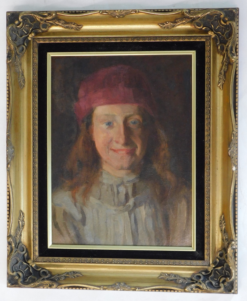 20thC Continental School. Portrait of a lady wearing a red hat, oil on board, 39cm x 29cm. - Bild 2 aus 3