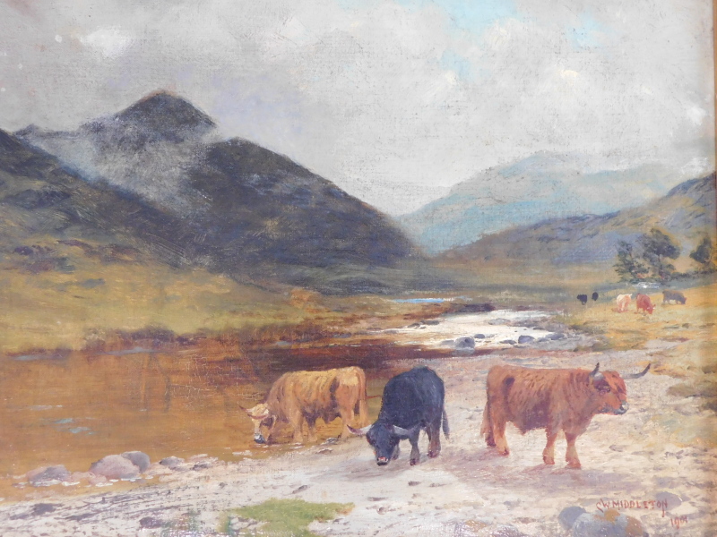 Charles William Middleton (1878-1952). Cattle at waters edge, oil on canvas, signed and dated 1904, - Image 4 of 6