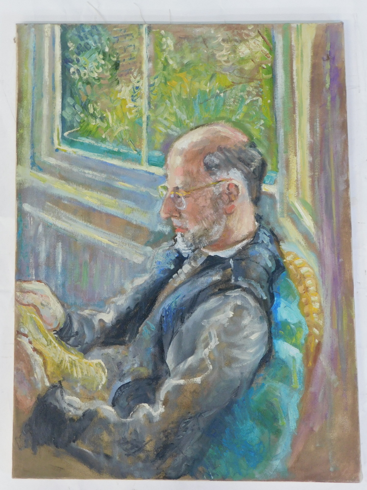 Lucy Davies (?) (20thC). Portrait of a seated gentleman, oil on canvas, attributed verso, 75.5cm x 5