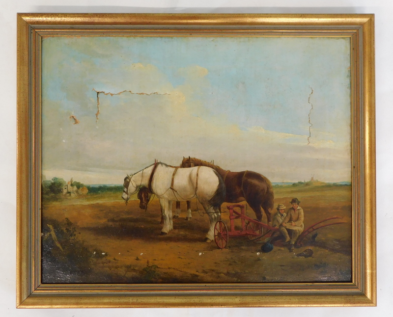 19thC British School. Farmers with working horse, oil on canvas, 35cm x 44cm. (AF) - Image 2 of 3