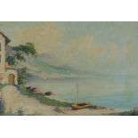 20thC Continental School. Coastal scene with sailing boat, oil on canvas, indistinctly signed, 50cm