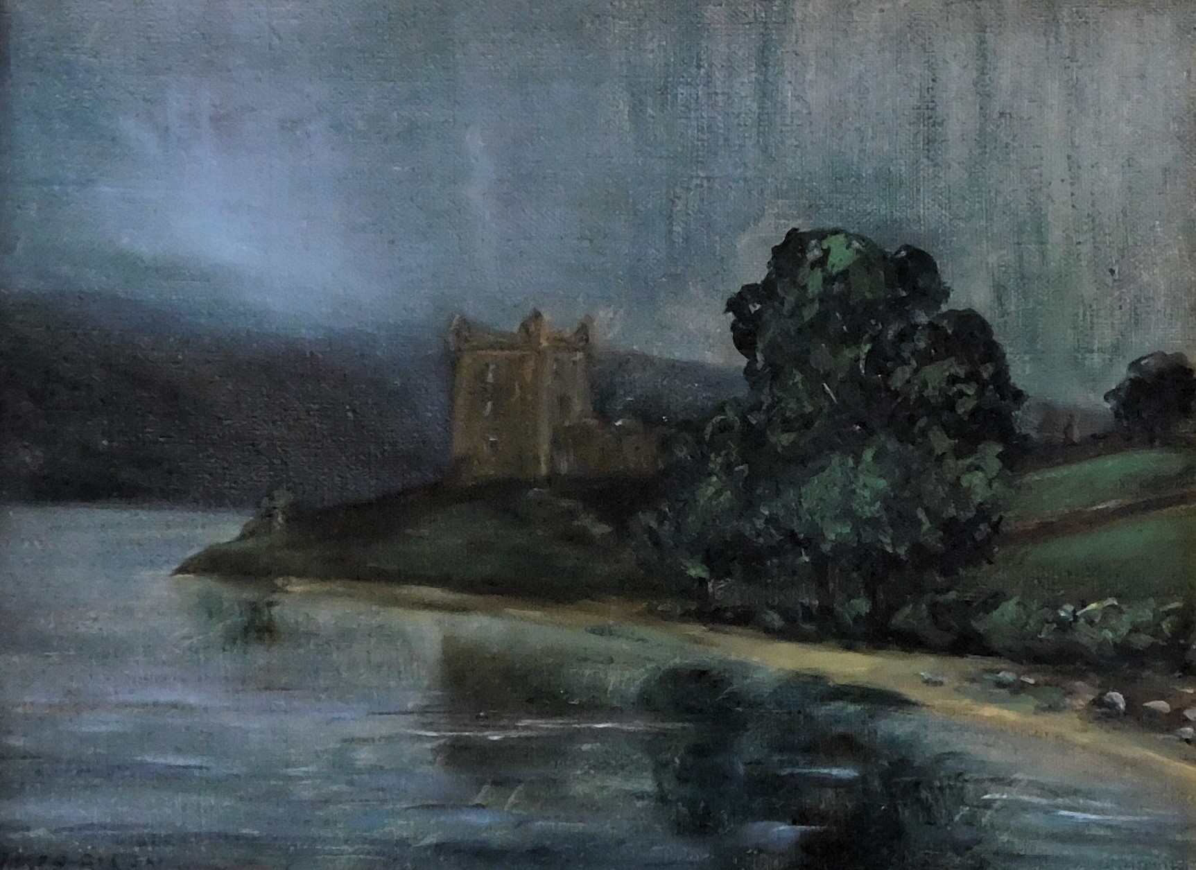 James Allan. Coastal scene with castle, oil on canvas, signed, 21.5cm x 29cm.