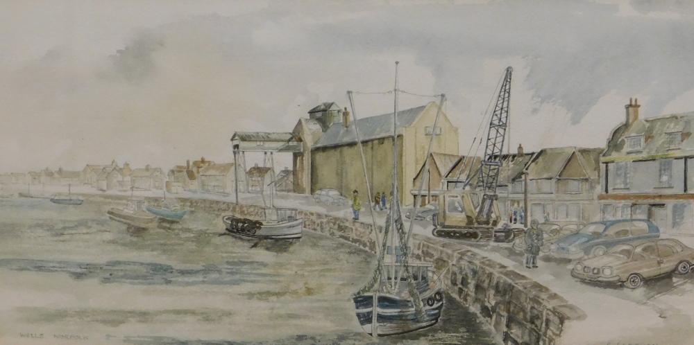 E. Scotney. Wells, Norfolk, watercolour, signed and titled, 23cm x 24.5cm.