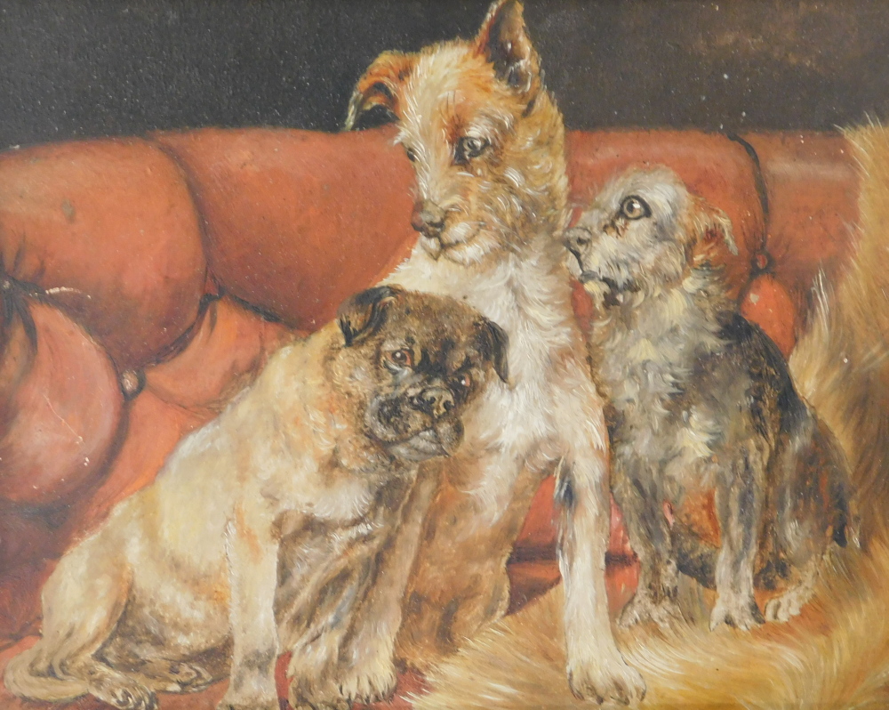 20thC School. Three dogs, oil on board, 18cm x 23cm.