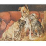 20thC School. Three dogs, oil on board, 18cm x 23cm.