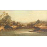 19thC School. River scene with watermill, oil on canvas, 24cm x 43.5cm.