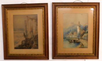 H.C.C. (19thC/20thC). Mediterranean coastal scene with castle and figures, watercolour, initialled,